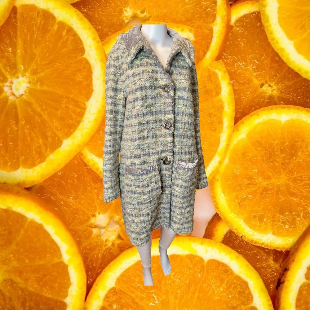 Sigrid Olsen Womens XL Wool Blend Chunky Knit Coat Grey Green Velvet Trim
